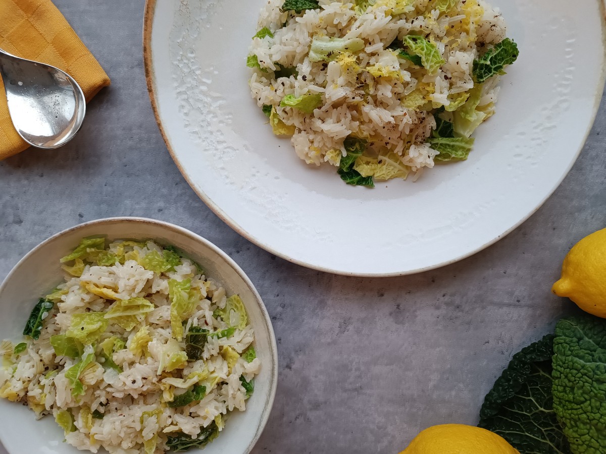Jasmine Rice Cacio e Pepe with Cabbage